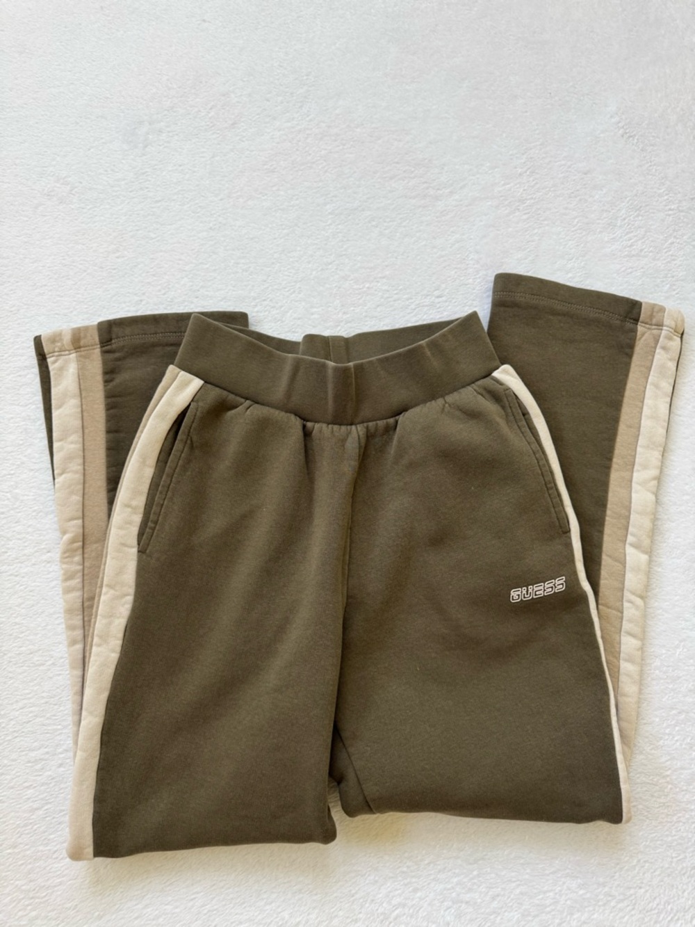 Guess  Olive Green Track Pants with Cream Side Stripes